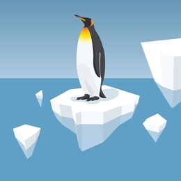 vector flat isometric global warming illustration. melting iceberg and penguin. effect of global warming in nature. conceptual image of melting glacier with king penguin in deep blue water