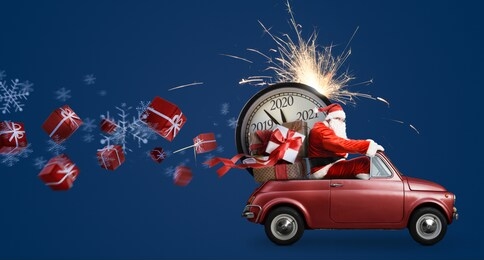christmas countdown arriving. santa claus on car delivering new year gifts and clock at blue background