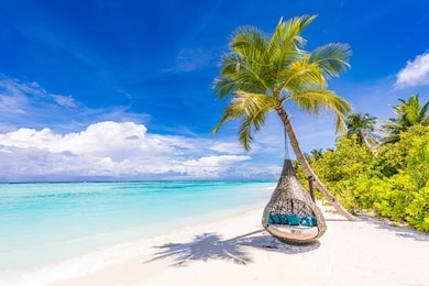 tropical beach background as summer landscape with beach swing or hammock and white sand and calm sea for beach banner. perfect beach scene vacation and summer holiday concept. boost up color process