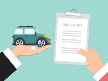 car insurance contract vector illustration. hands are holding insurance policy and car. contract for car insurance for family