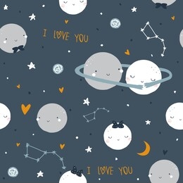 seamless pattern with cute planets and stars. childish space print. vector hand drawn illustration.