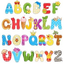 colorful children alphabet spelled out with different fun cartoon.