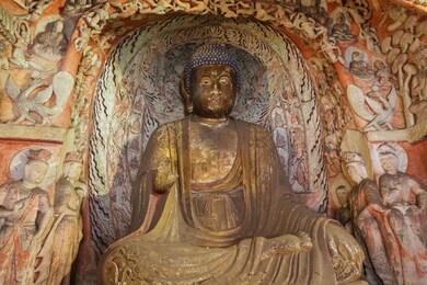 buddha statue in cave 6 of the yungang grottoes near datong