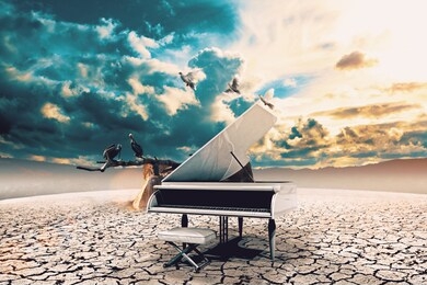 piano in nature..surreal image related to piano music,song and melody.sunset and dry soil scenic landscape.birds and cracked floor