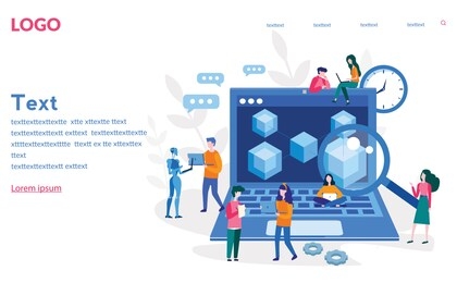 blockchain, hi tech block chain process data structure visualization with business people. future technologies, people and cubic blocks connected into chain vector illustration