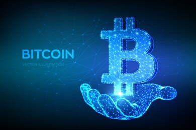 bitcoin. low poly abstract mesh line and point bitcoin sign in hand. crypto currency, virtual electronic, internet money. payment symbol. cryptocurrency concept. 3d polygonal vector illustration.