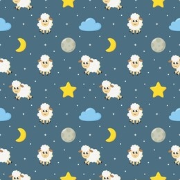 seamless sweet dreams sheep funny animal pattern on blue background for fabric, textile, paper, wallpaper, wrapping or greeting card. vector illustration.