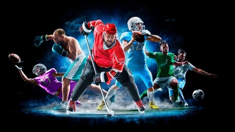 multi sport collage football boxing soccer ice hockey on black background