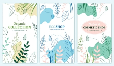 organic collection, eco shop, natural cosmetic store with premium quality cards or posters set. selling products advertisement. natural design with leaves in different colors. herbs.