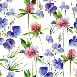 seamless pattern with bright delphinium flowers and clover flowers on white background. watercolor illustration