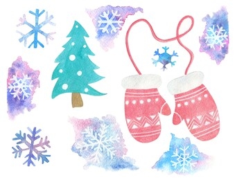 set of watercolor elements on a winter theme: snowflakes, tree, mittens. for the design of holiday cards, patterns, packaging, textiles
