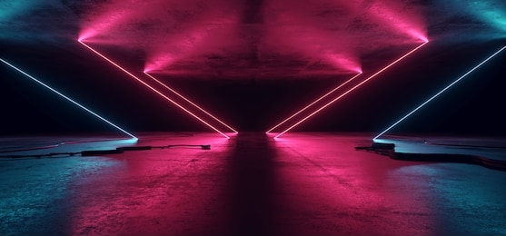 sci fi neon glowing lights blue purple shaped lines cables plugs floor lasers studio stage show night retro futuristic modern background empty concrete grunge virtual dark 3d rendering illustration