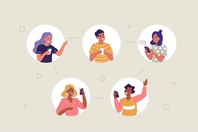 people characters using mobile app for dating and communication. woman and man chatting on smartphones. friends talking and laughing together. social media concept. flat cartoon vector illustration.
