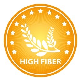 tag, sticker or badge for healthy, weight loss, diet or fitness product present by orange badge with high fiber text, wheat sign and little star around isolated on white background 