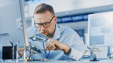 electronics design engineer working with circuit boards, doing maintenance, checking quality and soldering motherboard components. specialists working in bright office