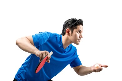 asian table tennis player man in serving position isolated over white background