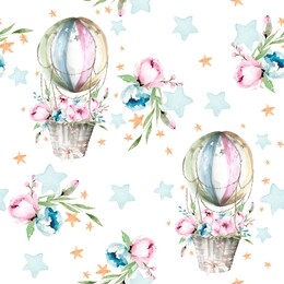 hand drawing watercolor pattern with balloons, flowers, blue and gold stars. illustration isolated on white
