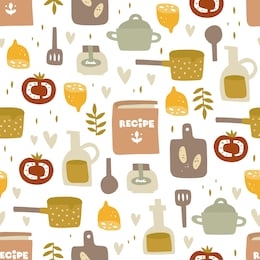 hand drawn vector seamless pattern. pan, cutting board with baguette, a bottle of olive oil, recipe book. cooking, cozy recipes, healthy food, holidays. background fill, wrapping paper in flat style. 