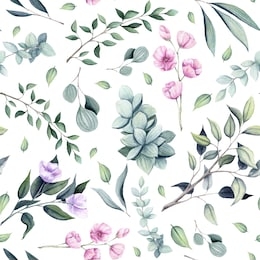 seamless pattern of watercolor little pink flowers, light green leaves and tree branches