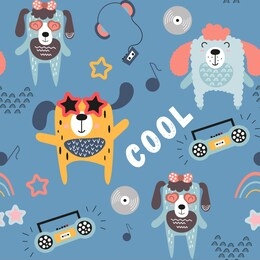 childish seamless pattern with cool dogs and music theme in scandinavian style. vector illustration. kids illustration for nursery art. great for baby clothes, greeting card, wrapping paper.