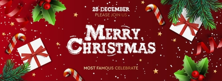 happy new year banner, xmas st with gifts box, green pine branches, candy stick and holly berry. horizontal christmas posters, greeting cards, headers, website. objects viewed from above