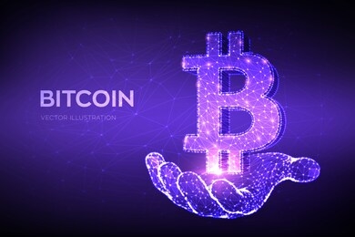 bitcoin. low poly abstract mesh line and point bitcoin sign in hand. crypto currency, virtual electronic, internet money. payment symbol. cryptocurrency concept. 3d polygonal vector illustration.