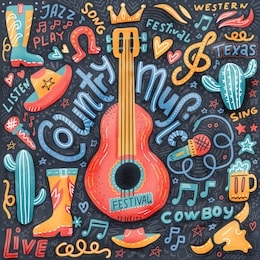 country music print concept for postcards or festival banners. hand drawn illustration in textured flat doodle style. guitar with written lettering