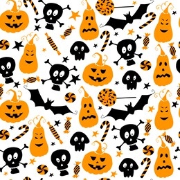 seamless vector pattern for halloween design. halloween symbols: pumpkins, skulls, bat, candy in cartoon style. vector illustration