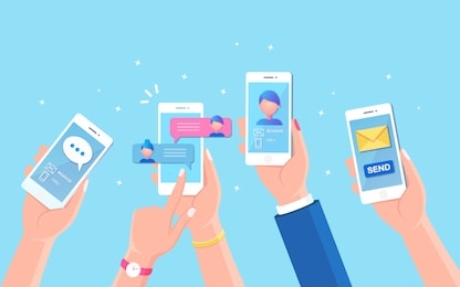 new chat messages notification on mobile phone. sms bubbles on cellphone screen. people chatting. vector flat design