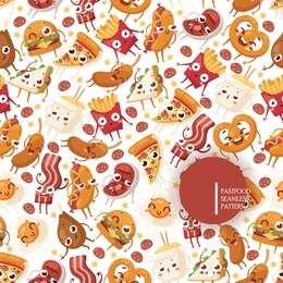 fast food funny cartoon characters, vector illustration. seamless pattern with junk food icons, isolated on white background. unhealthy snacks, take away street food. french fries, pizza and noodles