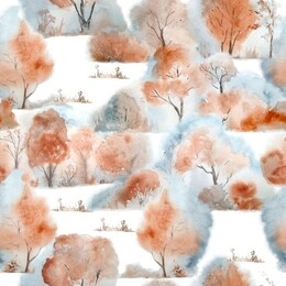 seamless watercolor hand drawn dense pattern trendy forest natural calm fall autumn trees landscape brown red ochre indigo blue colors flying birds woodland nature lovers rustic wildlife foggy misty