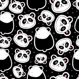 childish funny seamless pattern. vector with cute cartoon pandas, decorative elements on a dark background. hand drawing. design for textile, fabric, print