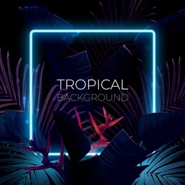 dark blue and violet tropical party design with palm leaves and neon light. summer night vector illustration.
