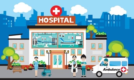 patient care concept. vector of doctor team standing on a hospital building, ambulance car background