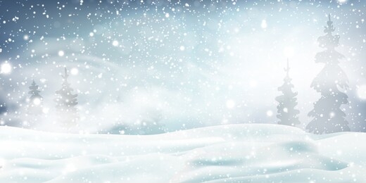 christmas, snowy woodland landscape. holiday winter landscape for merry christmas with snowstorm, blizzard, firs, coniferous forest, snow, snowflakes. christmas scene. happy new year. vector.