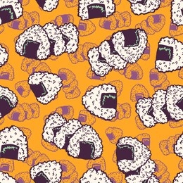 onigiri. rice bowl in nori seaweed. traditional japanese fast food. bento lunch. vintage retro style. seamless background with pattern.