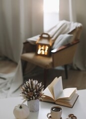 autumn still life. coffee cup, flowers, book and pumpkin. hygge lifestyle, cozy autumn mood. flat lay, happy thanksgiving background
