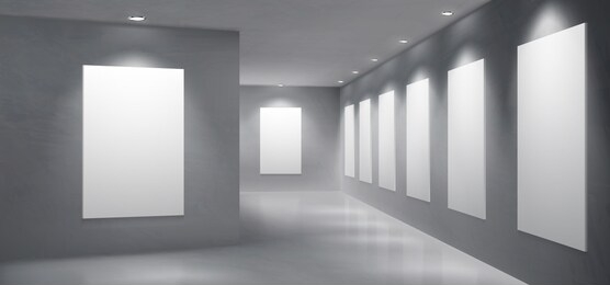 art gallery, museum exhibition hall empty interior with painting, photography blank white, clean frames hanging on wall, illuminated round spotlight lamps from ceiling 3d realistic vector illustration