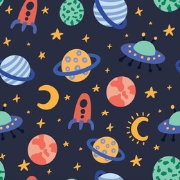 hand drawn space elements seamless pattern. space doodle illustration. vector seamless pattern. space background for kids with cartoon space rockets, planets, stars.