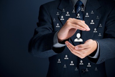 patron, customer care, care for employees, life insurance and marketing segmentation concepts. protecting gesture of businessman or personnel and icons representing group of people.