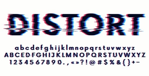futuristic digital distortion stylized alphabet, glitch font with lowercase and uppercase letter, numbers and symbols, 3d stereo effect, vector illustration