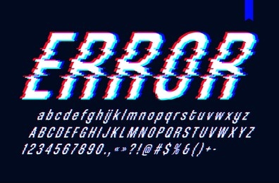 vector font with glitch effect, digital distorted stylized tv bug letters and numbers, vector illustration