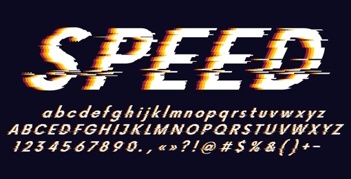vector alphabet letters and numbers stylized fonts, speed effect faster motion, distorted glitch screen effect