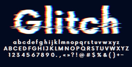 digital glitched alphabet distorted screen error effect, latin uppercase and lowercase letters glitch typeface, vector illustration