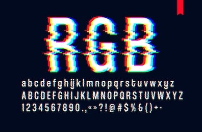 modern style distorted glitch typeface, mixing red green and blue channel screen defect, uppercase and lowercase letters, only for a dark background
