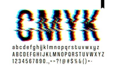 modern style distorted glitch typeface, mixing blue pink and yellow channel screen defect, uppercase and lowercase letters, only on a light background