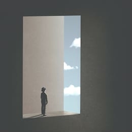 man watching the sky trought a surreal window; abstract concept