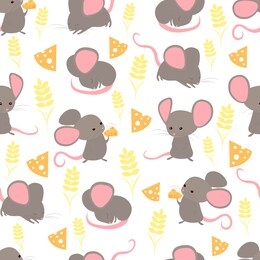 seamless pattern funny cute little happy mice with a slice of cheese and a spikelet of wheat. cartoon animals in different poses raster illustration. texture with mouses new year 2020.