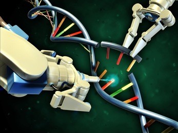 two robotic arms modifying a dna helix. digital illustration.