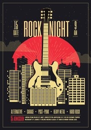 rock night poster flyer template. rock in the city. giant guitar at city landscape with red moon at background. flyer template for your live rock music event. vector illustration.